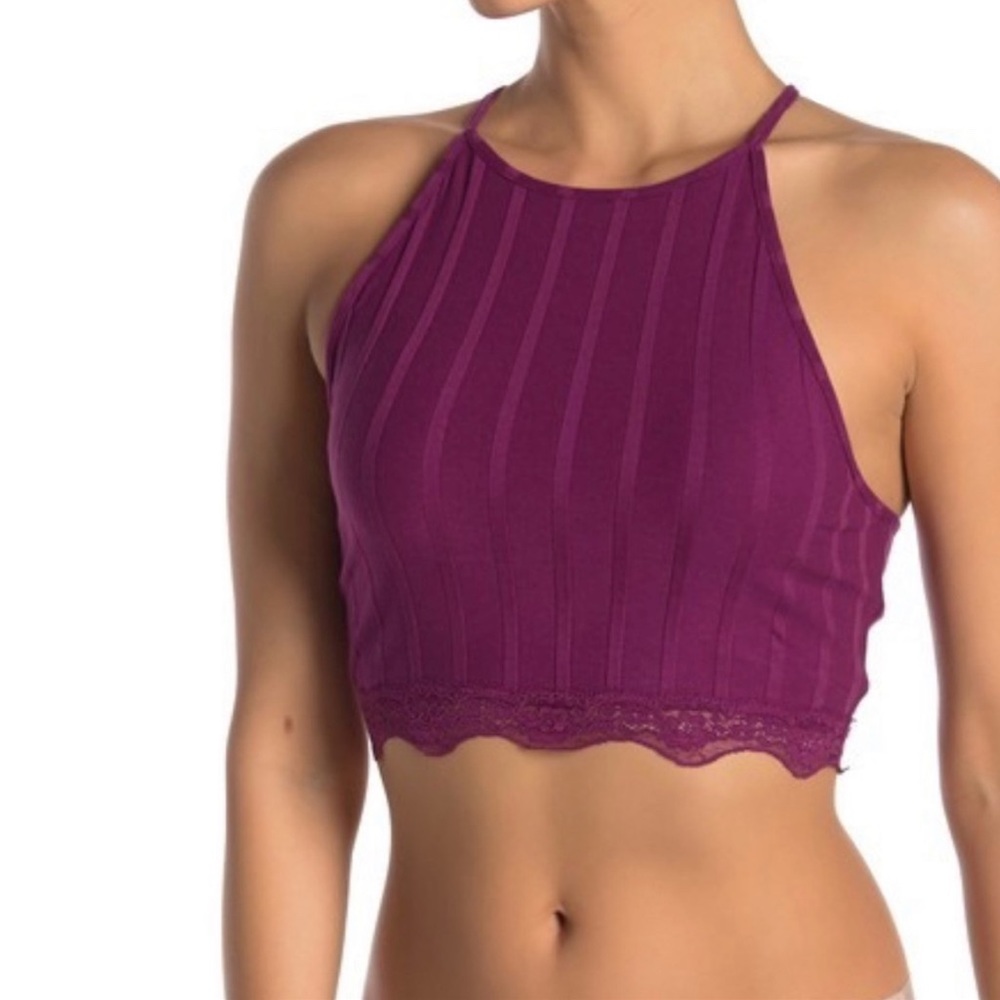 Free People All Your Love Crop Halter Top Ribbed Bralette Purple Size Medium